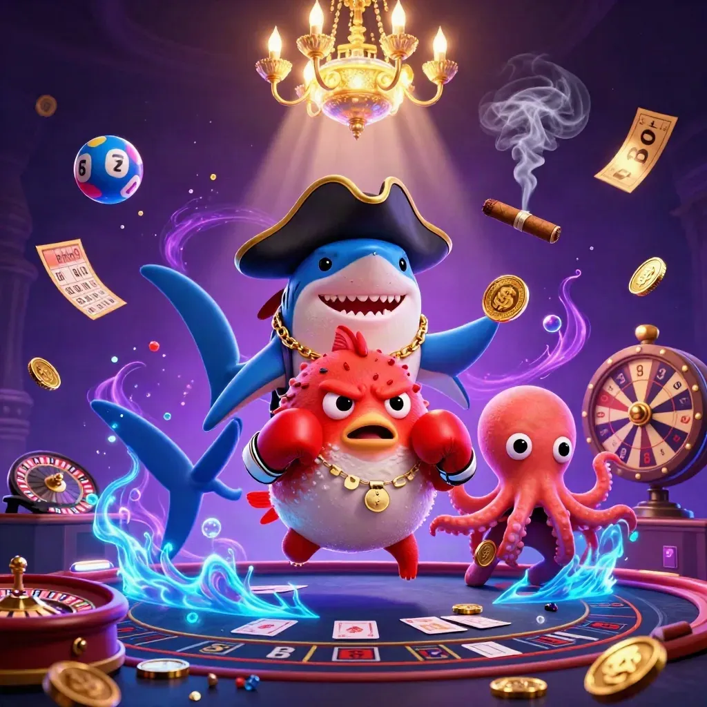 Pirate shark, pufferfish, and baby octopus amid casino lights, coins, balls, and a prize wheel.