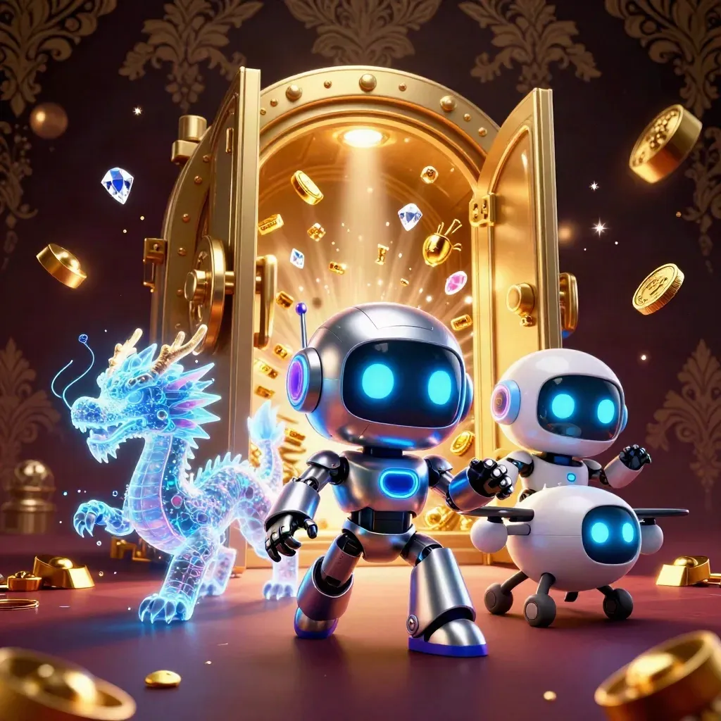 Cyberpunk robot, holographic dragon and coin drone burst from a golden vault amid gems and blue light.