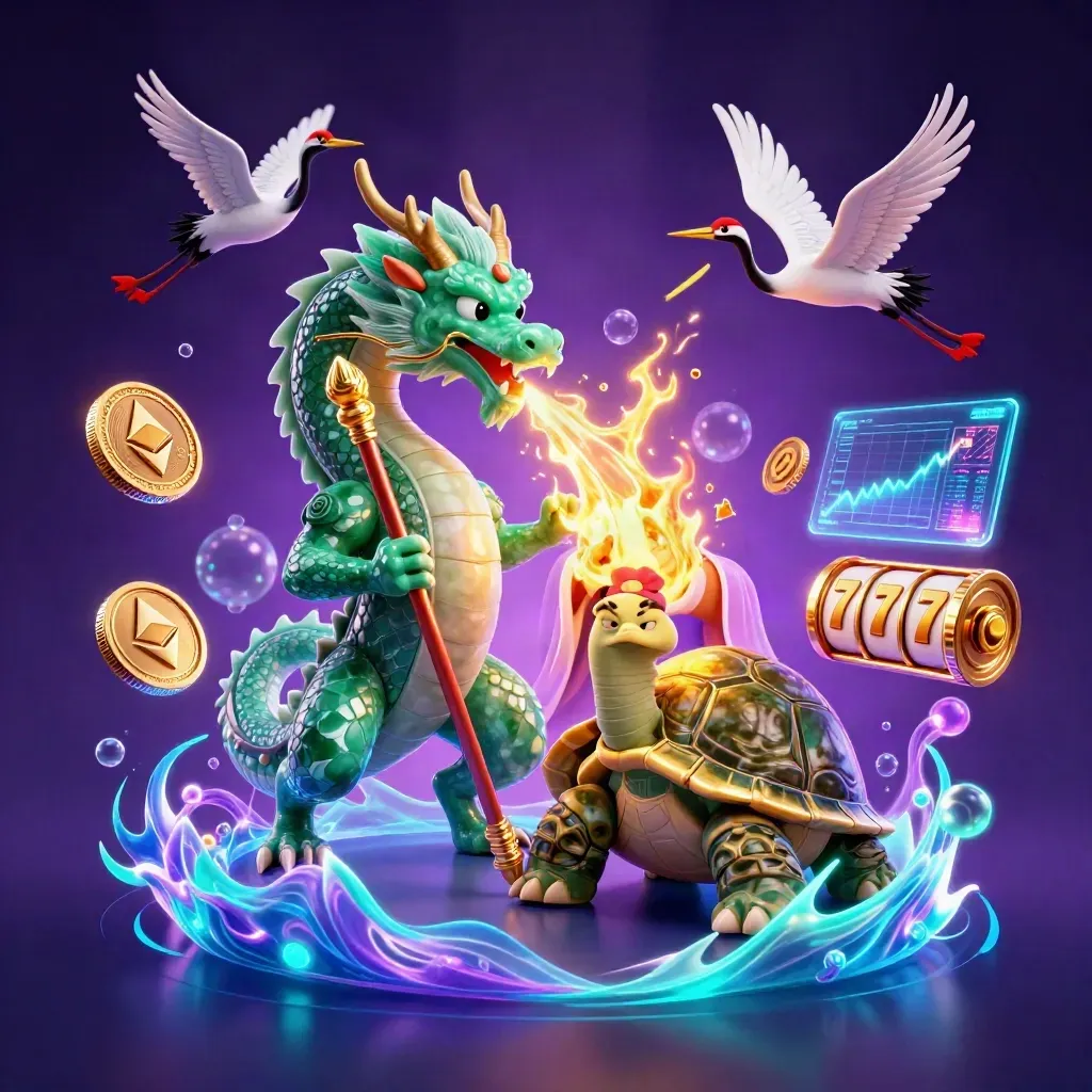 Jade dragon, turtle sage, and cranes amid neon coins, lightning, and magical casino energy
