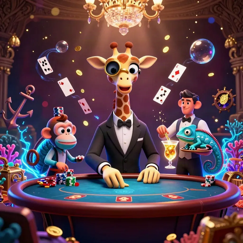 Giraffe, monkey, and chameleon in a sunken treasure cove with coins, coral, cards, and glowing luxury lighting