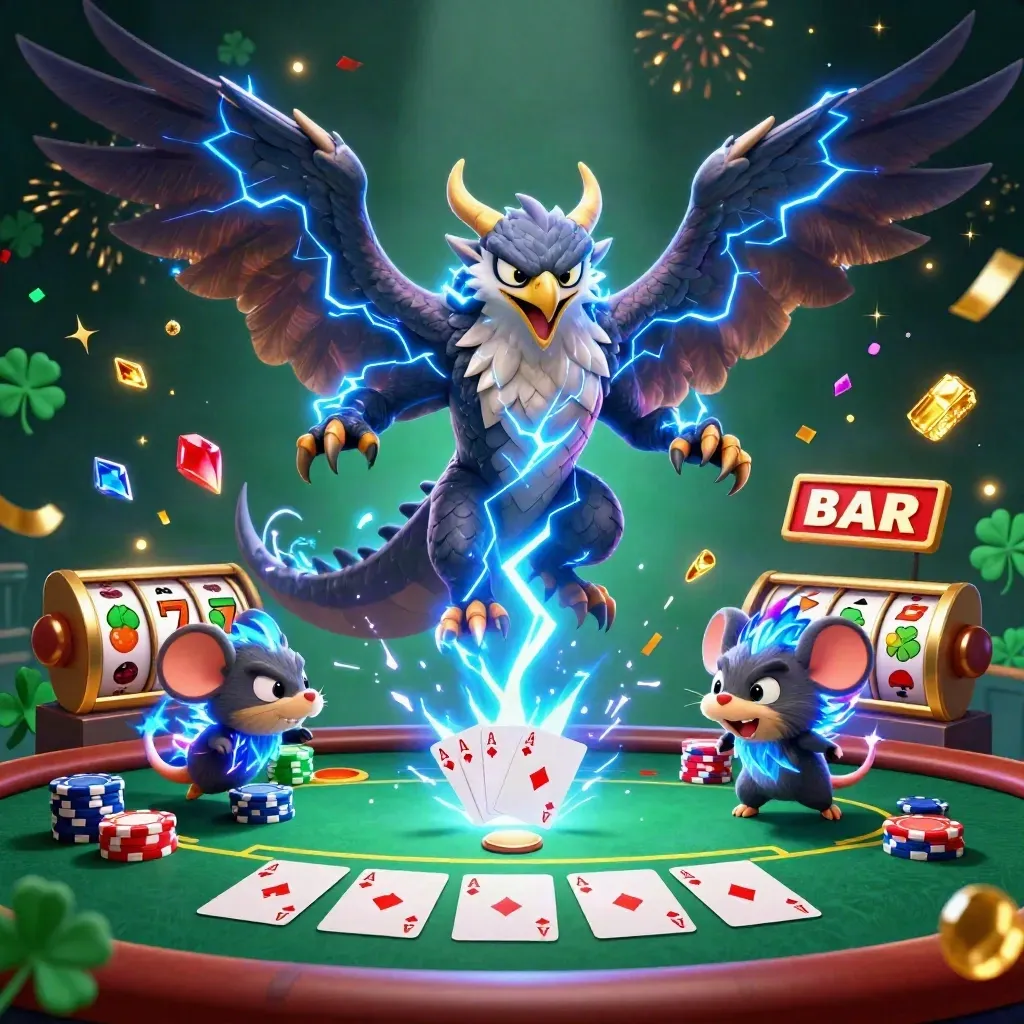 Thunder dragon, wind hawk, and static mouse amid chips, cards, lightning, and casino neon.