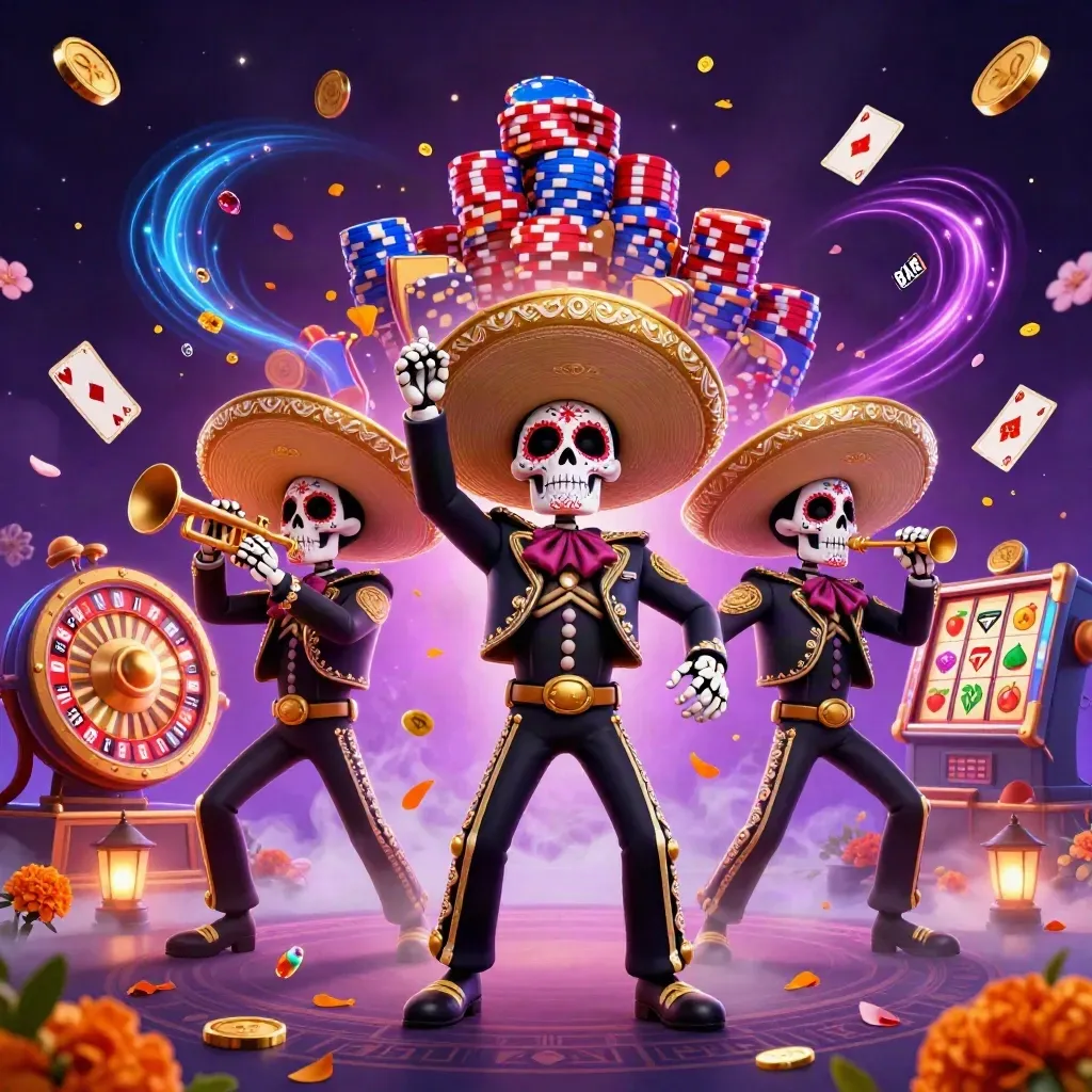 Skeleton mariachi trio in neon spell energy, coins, gems, chips, cards and roulette spinning in purple light