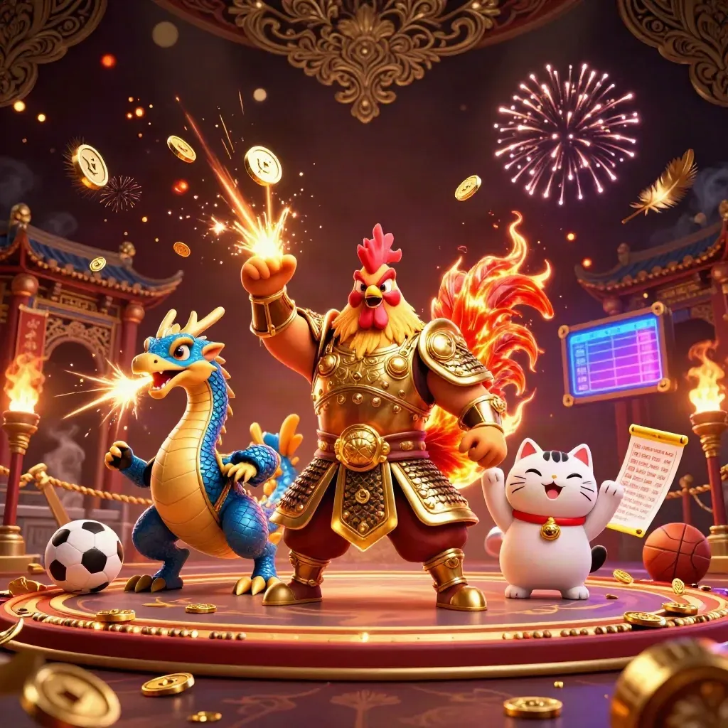 Rooster warrior, dragon hatchling and fortune-cat amid vault burst, coins, fire, temple, sport props