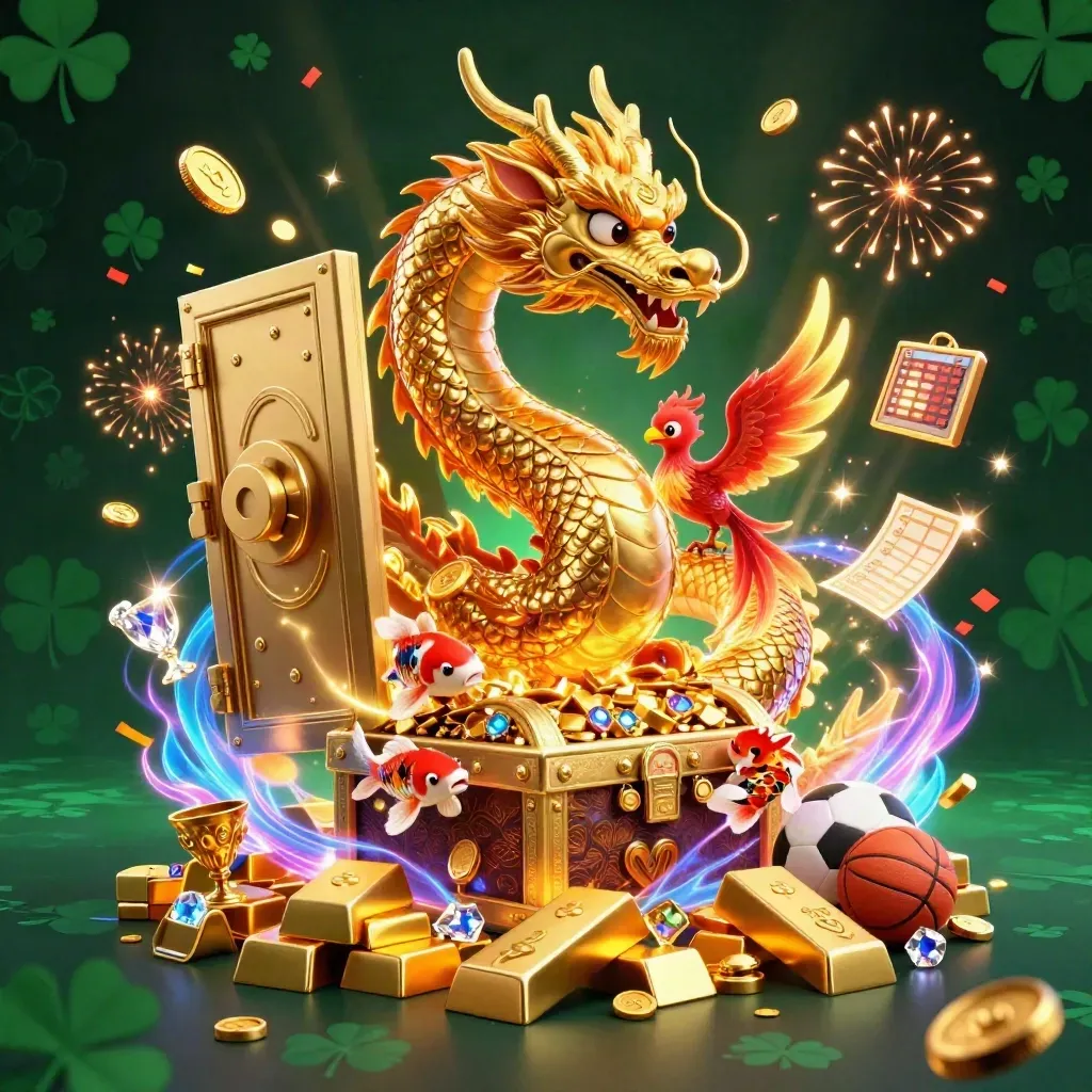 Dragon, phoenix and koi erupt from a treasure vault amid coins, gems, fireworks and casino glow.