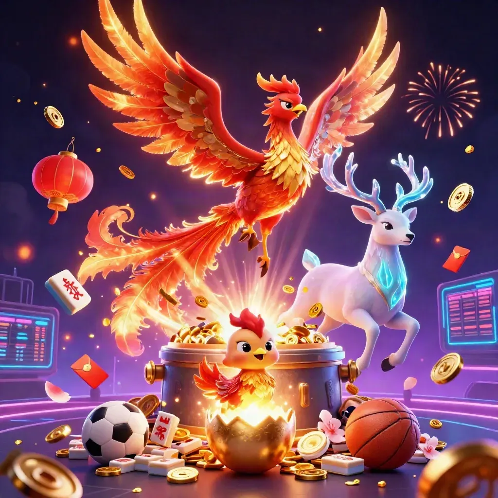 Phoenix, baby phoenix, and crystal stag amid treasure, coins, and fireworks in a neon casino scene