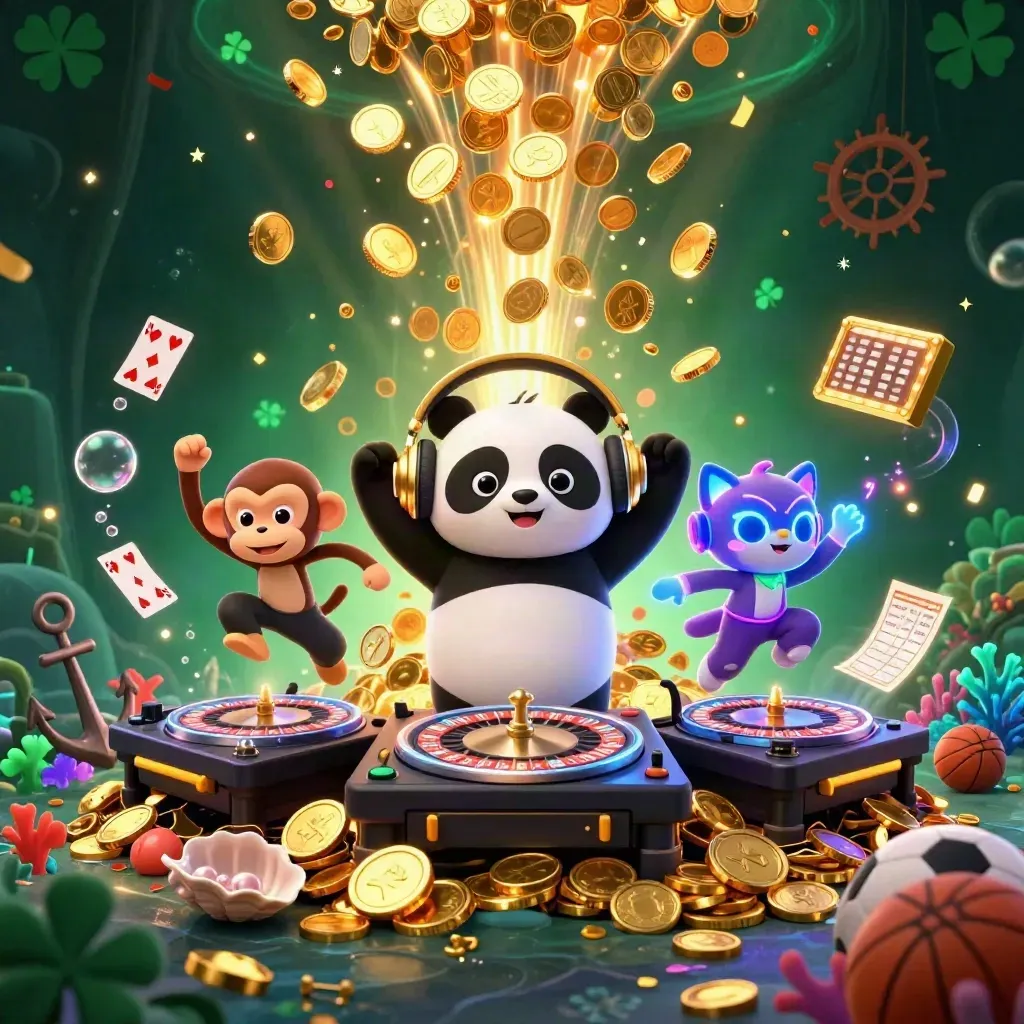 DJ panda, monkey and glow-stick kitten amid treasure coins, fireworks and neon casino chaos
