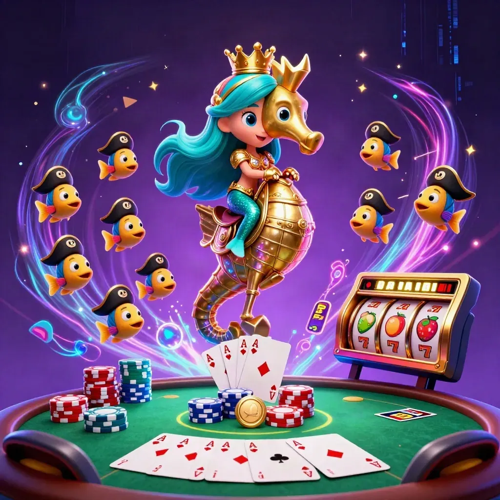 Mermaid princess riding a golden seahorse amid poker chips, slot reels, and neon casino magic