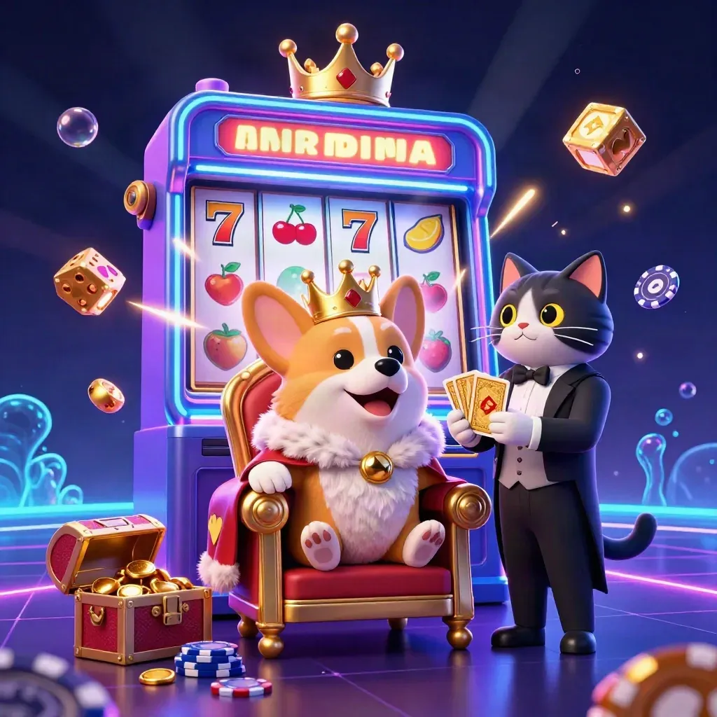 Royal corgi and cat butler on chips with slot symbols, gold, and neon casino effects.