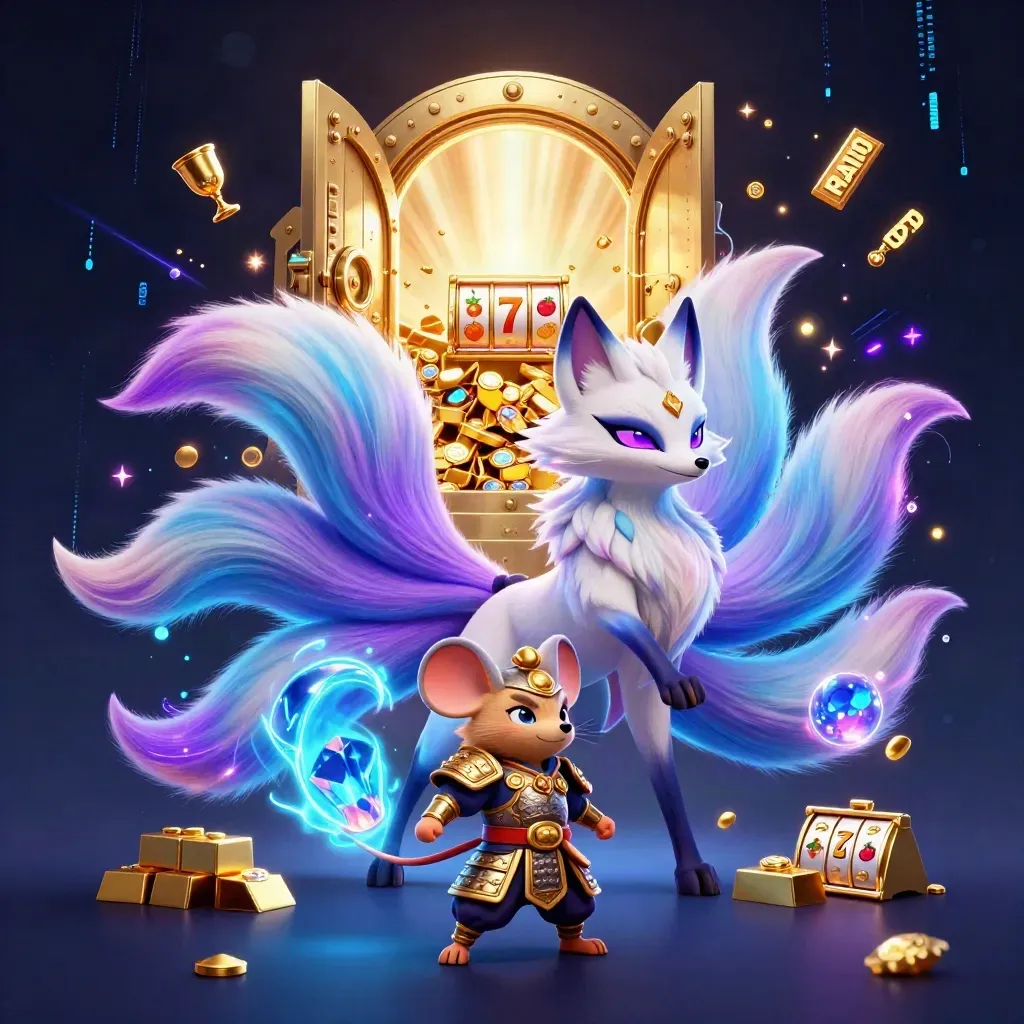 Nine-tailed fox spirit and armored mouse amid vault gold, gems, reels, and electric casino effects.