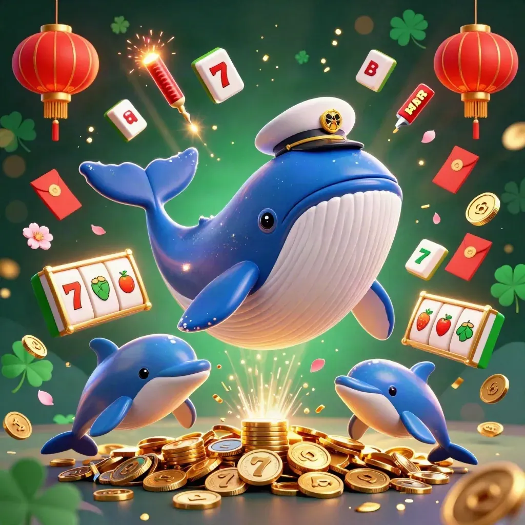Whale captain, narwhal, and dolphins burst through coins with casino symbols and glowing lights.