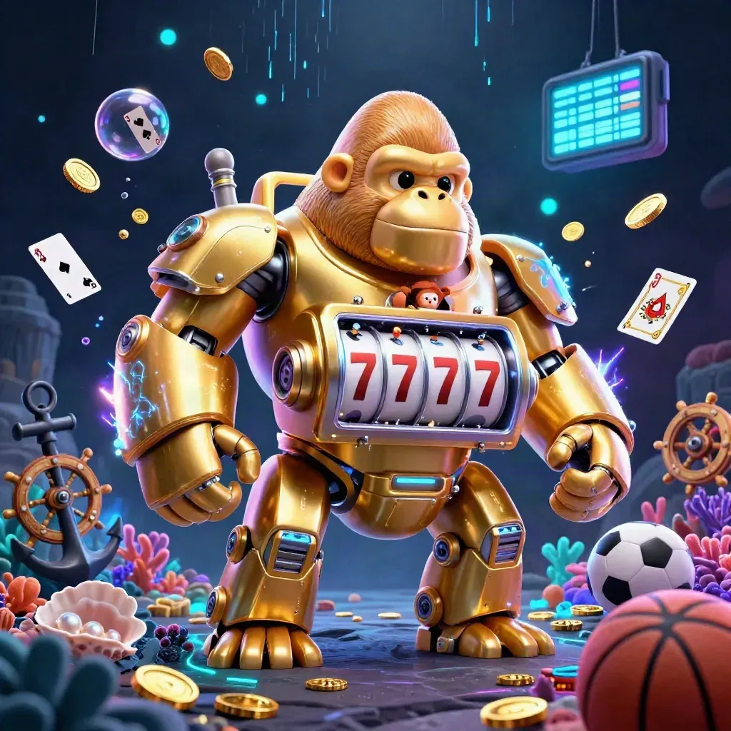 Golden gorilla mech with tiny monkey pilot amid coins, coral, cards, balls and neon energy.