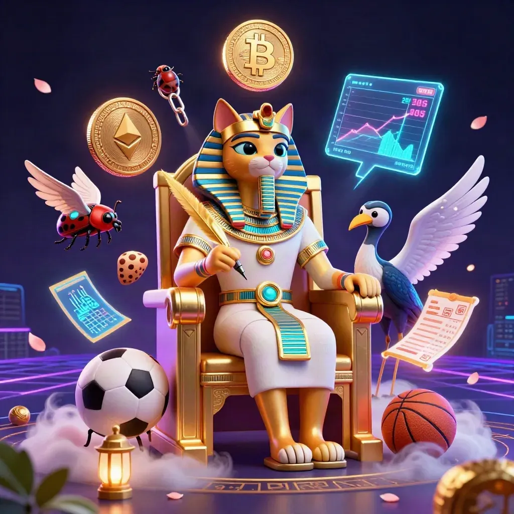 Pharaoh cat and ibis scribe amid glowing coins, sports props, and neon esports effects.