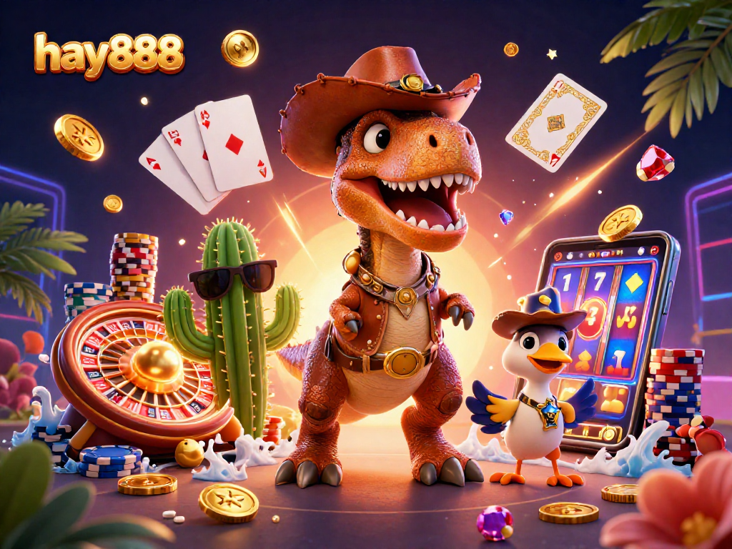 Experience the excitement of hay888 with vibrant 3D casino action featuring dinosaurs and dynamic gaming elements.