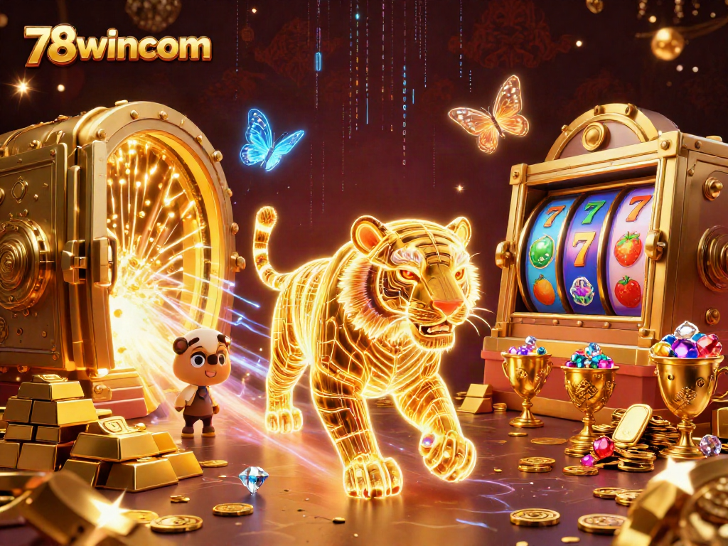 Experience the vibrant world of 78wincom with a golden tiger and slot reels in this 3D digital casino.