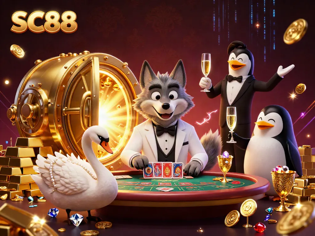 Experience the excitement of SC88 with a debonair wolf and elegant swan dealing cards at a lively baccarat table.