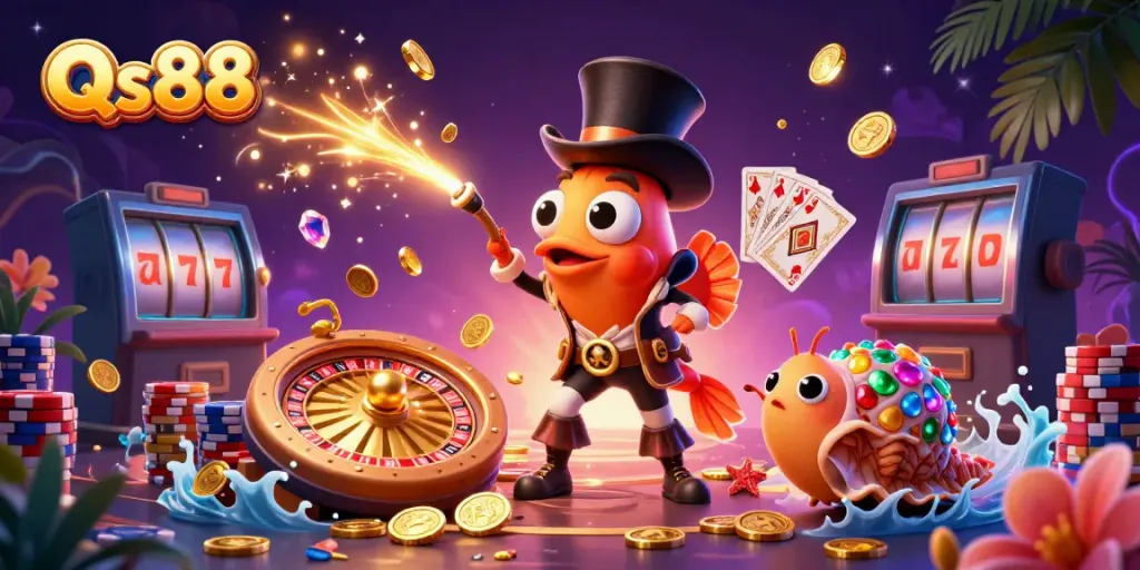 Catch golden coins at Qs88 with the anglerfish and pirate shrimp in a vibrant underwater casino scene.