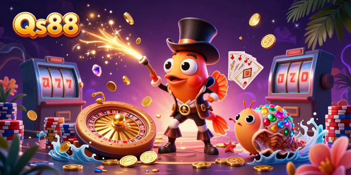 Catch golden coins at Qs88 with the anglerfish and pirate shrimp in a vibrant underwater casino scene.