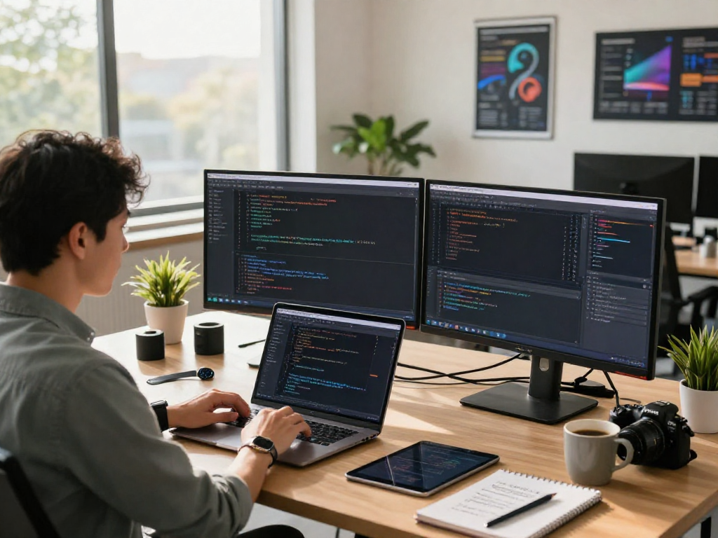 Software engineer coding on monitors at a modern office, exploring ia +18 app development.