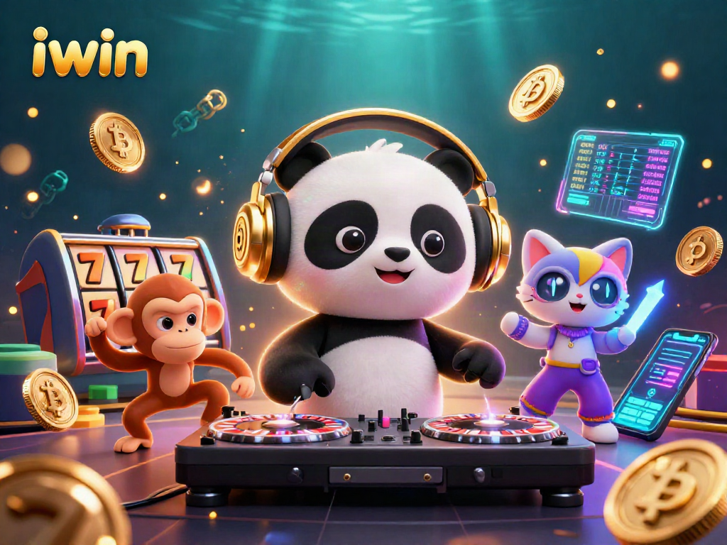 Engage in exciting games at iwin's vibrant casino with a DJ panda and dancing monkey.