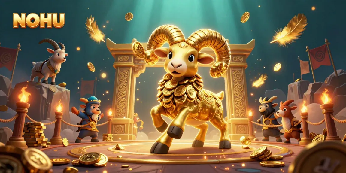 Engage in thrilling NOHU slots with golden ram charging through a vibrant casino scene filled with coins and excitement.