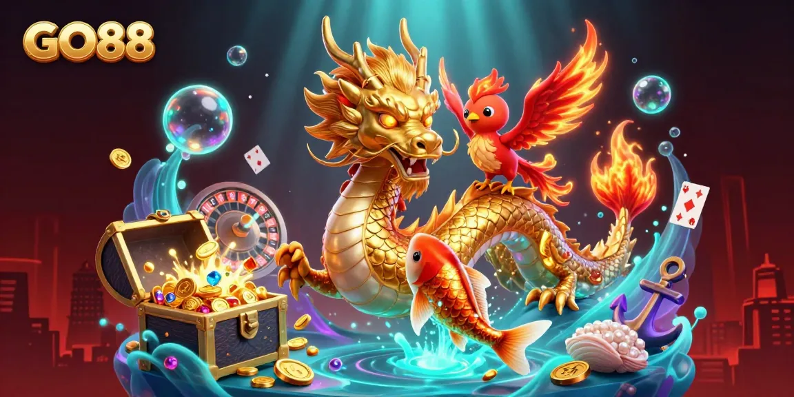 Experience thrilling gameplay at GO88 with vibrant 3D dragon and phoenix in a rich casino scene.