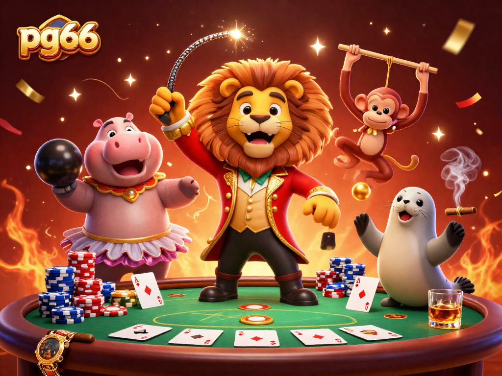 Experience winning at pg66 with a vibrant circus-themed casino illustration featuring playful characters.
