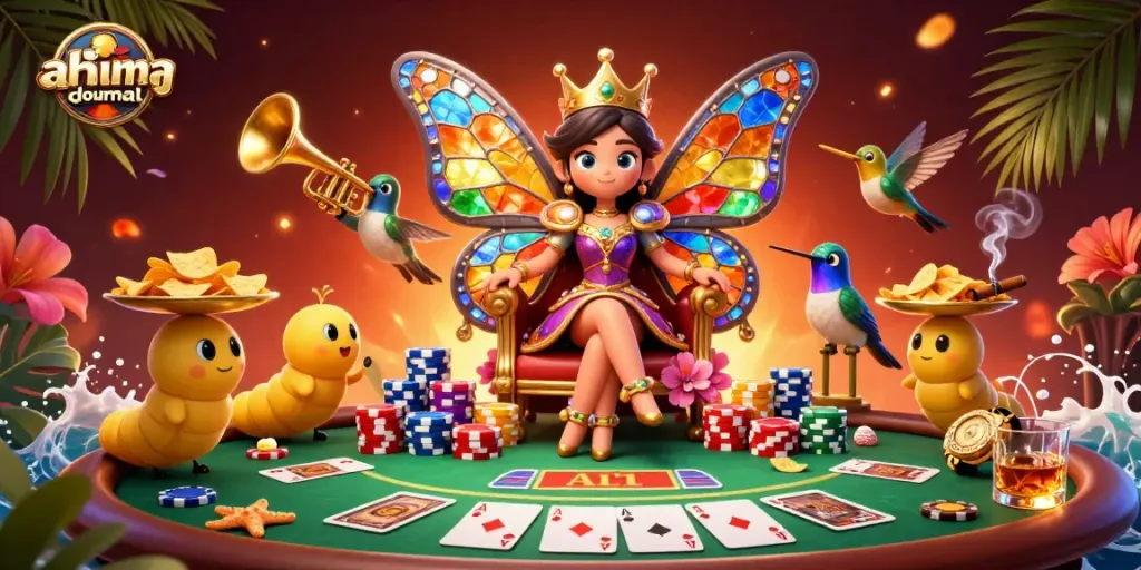 Engage with ahimajournal-digital as the butterfly queen presides over a vibrant poker scene filled with chips and cards.