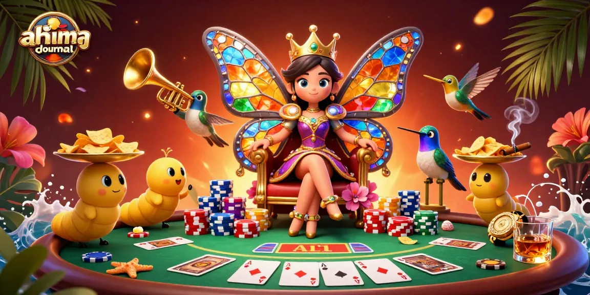 Engage with ahimajournal-digital as the butterfly queen presides over a vibrant poker scene filled with chips and cards.