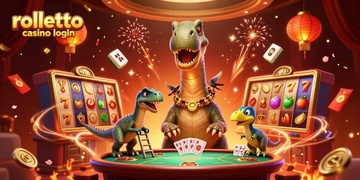 Engage with rolletto casino login featuring a giant dinosaur at a poker table amidst vibrant gaming elements.