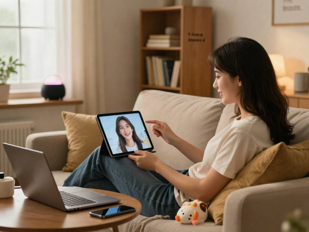 Young woman interacting with her AI girlfriend on a tablet in a cozy living room.
