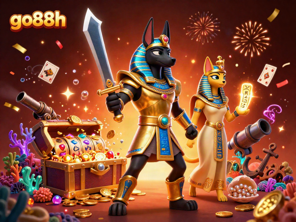 Experience excitement with go88h as Anubis and Bastet discover treasures in a vibrant casino.