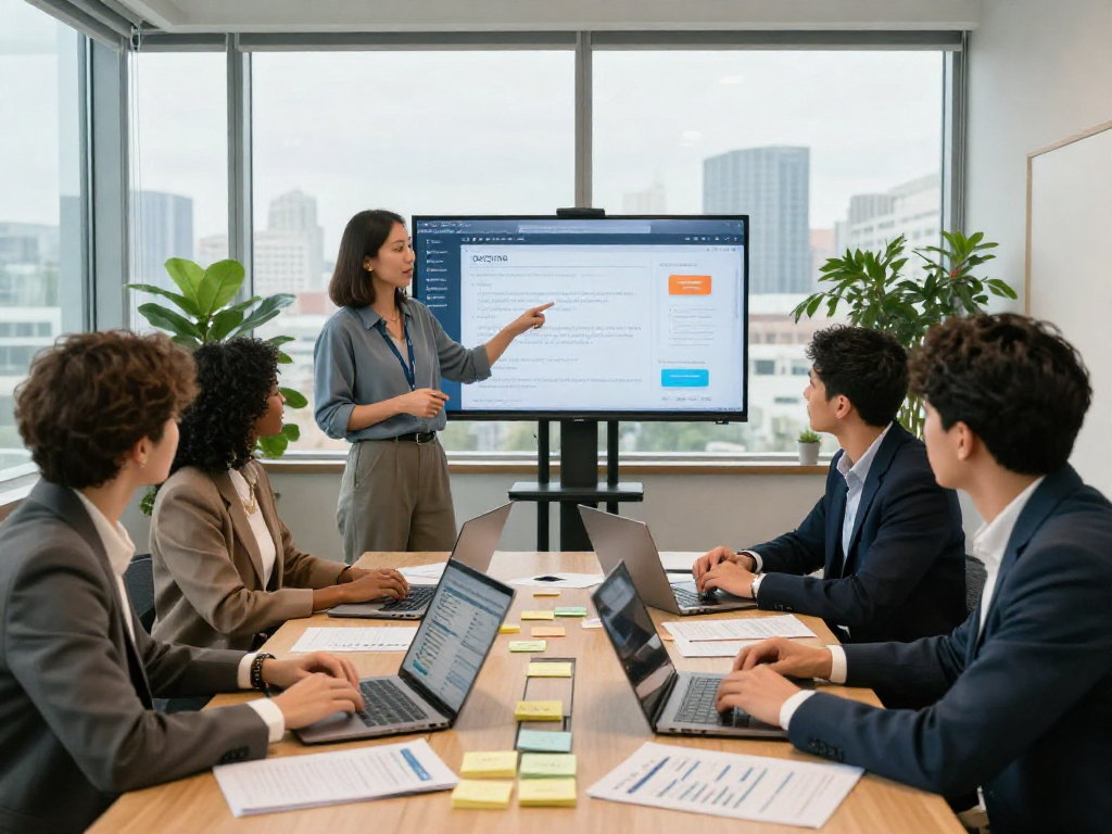 Real estate team collaborating using IDXSTAR technology in a modern conference room.
