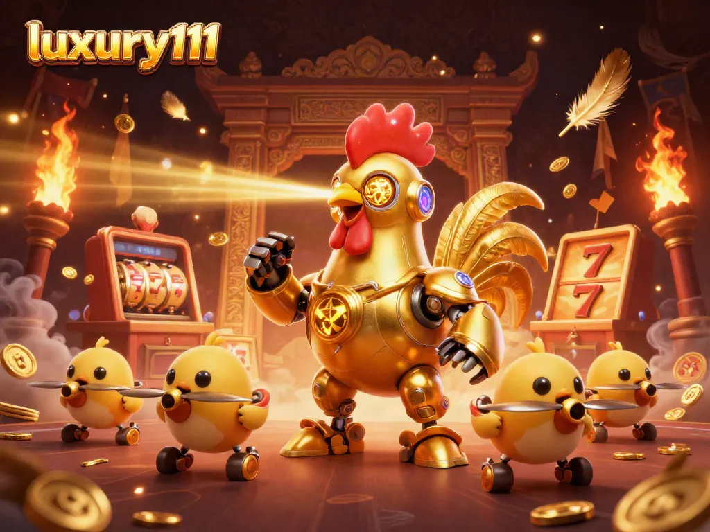 Engage in thrilling casino action with luxury111's golden rooster robot and vibrant slot machine scene.