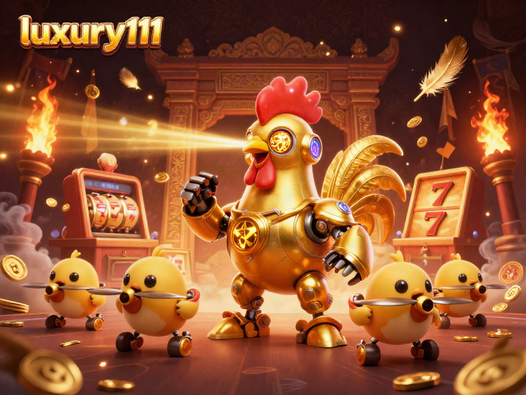 Engage in thrilling casino action with luxury111's golden rooster robot and vibrant slot machine scene.