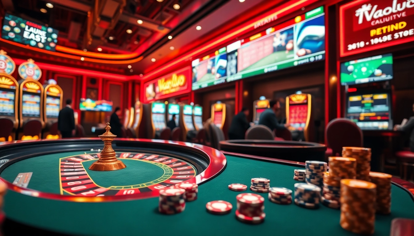 VaoluoiTV showcases a thrilling casino atmosphere with roulette and slot machines.