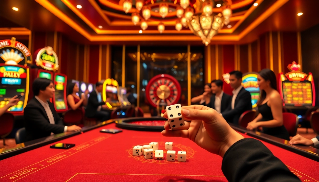 Engaged players enjoying sunwin tài xỉu at an elegant casino table filled with excitement.