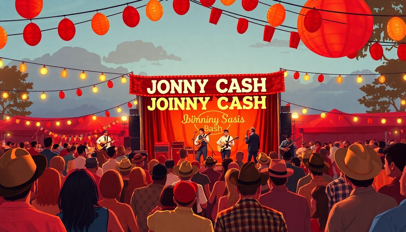 Celebration scene at johnnycashbirthday.com showcasing a lively birthday bash with live music and a festive crowd.