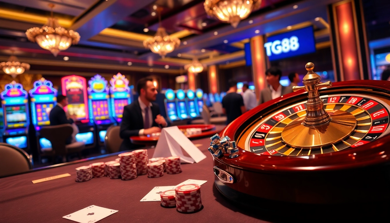 Players strategizing with chips and cards at a TG 88 themed luxurious casino table.