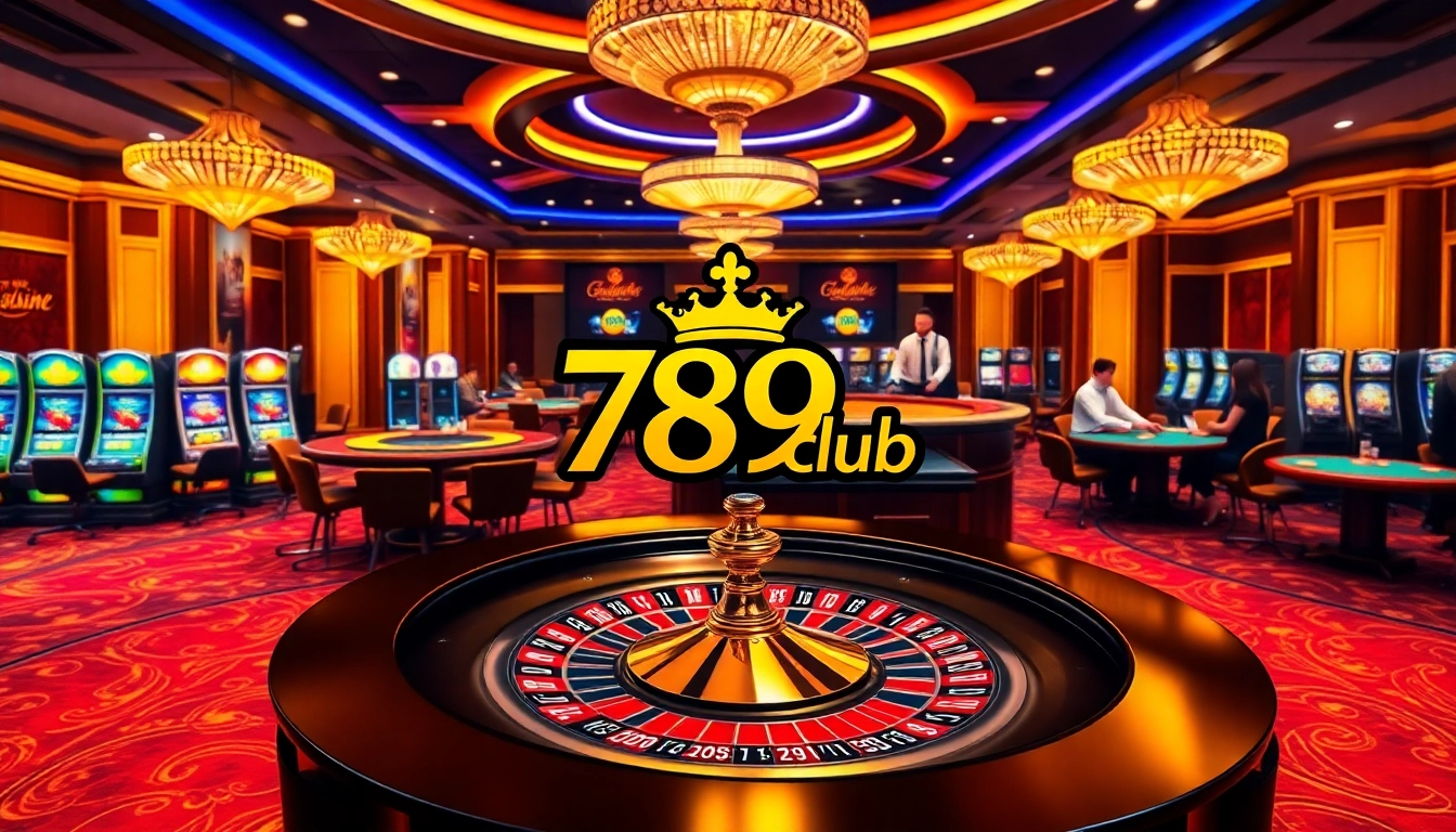 A gambler enjoying a game at 789club's luxurious casino featuring a roulette wheel and vibrant slot machines.