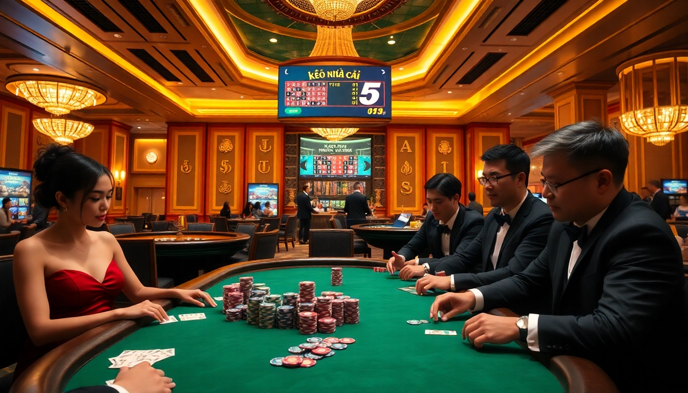 Engaging moment at a casino featuring kèo nhà cái 5 alongside poker chips and a roulette wheel.