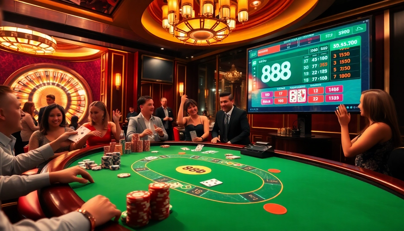 Experience the thrill of playing 888b blackjack at a luxurious casino table surrounded by excitement.