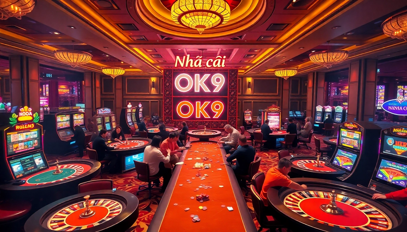 Dynamic gaming session at Nhà cái OK9 casino with players enjoying poker and roulette tables.