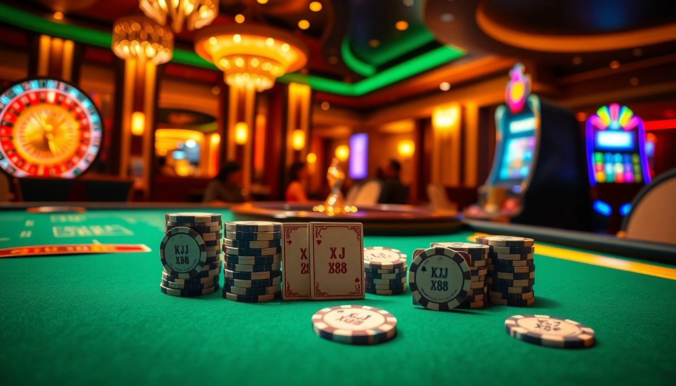 Players enjoying a thrilling game at the KJC XX88 casino table with vibrant poker chips and cards.