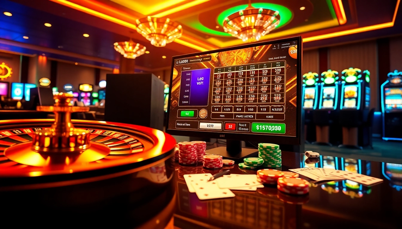 Lode88 online gambling scene with poker chips and casino interface showcasing high winning potential.