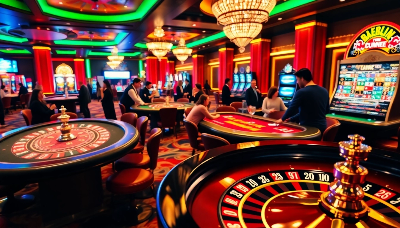 Engaging scene of red88 betting in a lively casino with tables, players, and a roulette wheel.