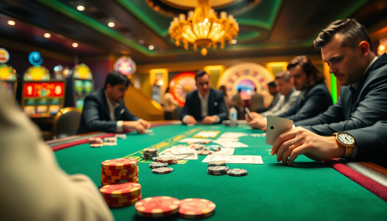 A high-stakes poker table scene showcasing rikvip's vibrant gaming atmosphere with engaged players.