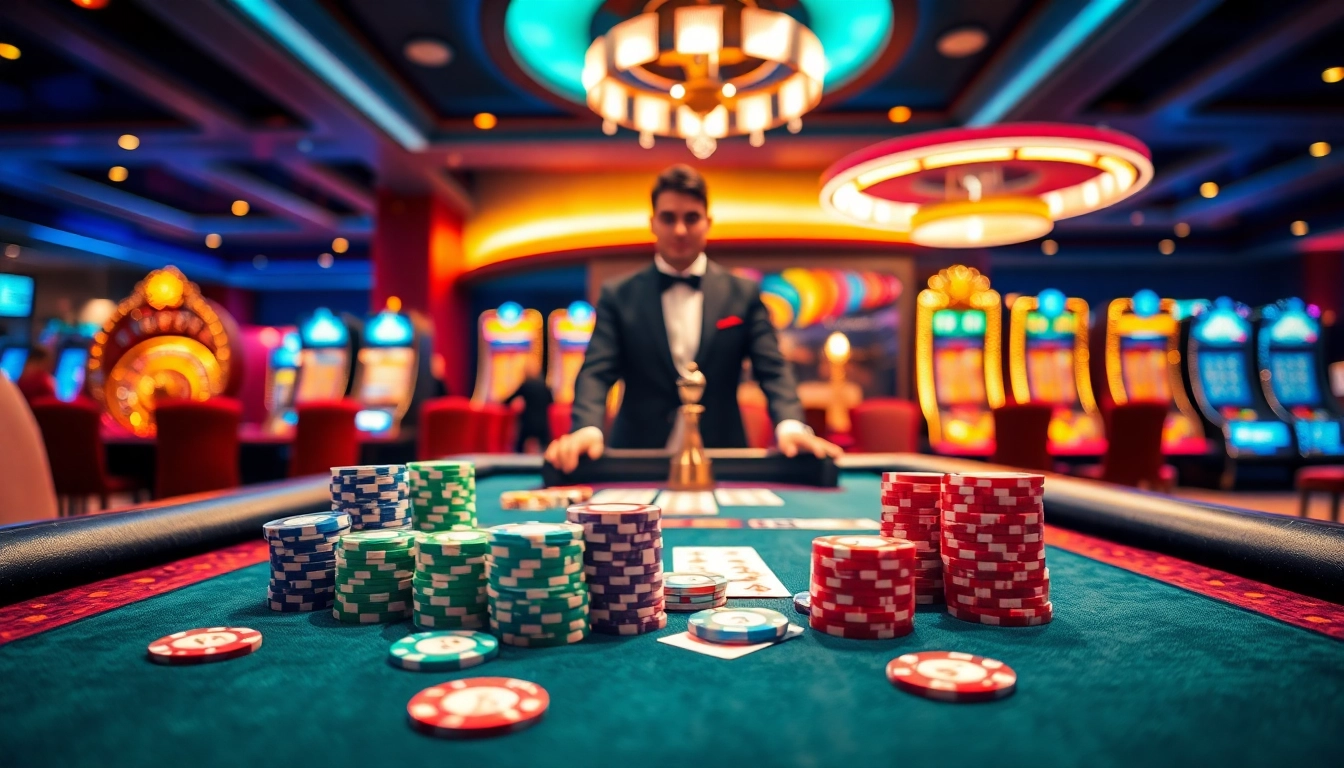 Experience the thrill of gaming at 788t's luxurious casino tables with poker chips and cards.