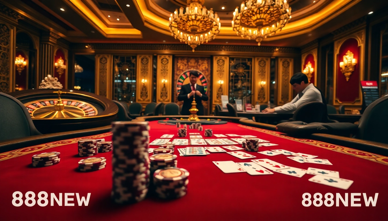 Experience thrilling poker action and excitement at 888NEW, featuring vibrant casino interiors and strategic gameplay.