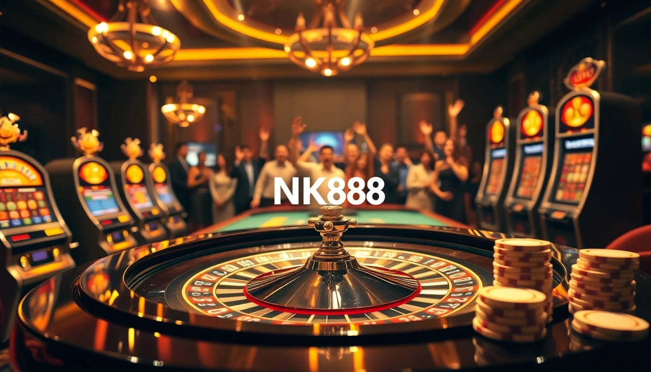 NK88 player celebrating a win at a luxurious casino with roulette and slot machines.