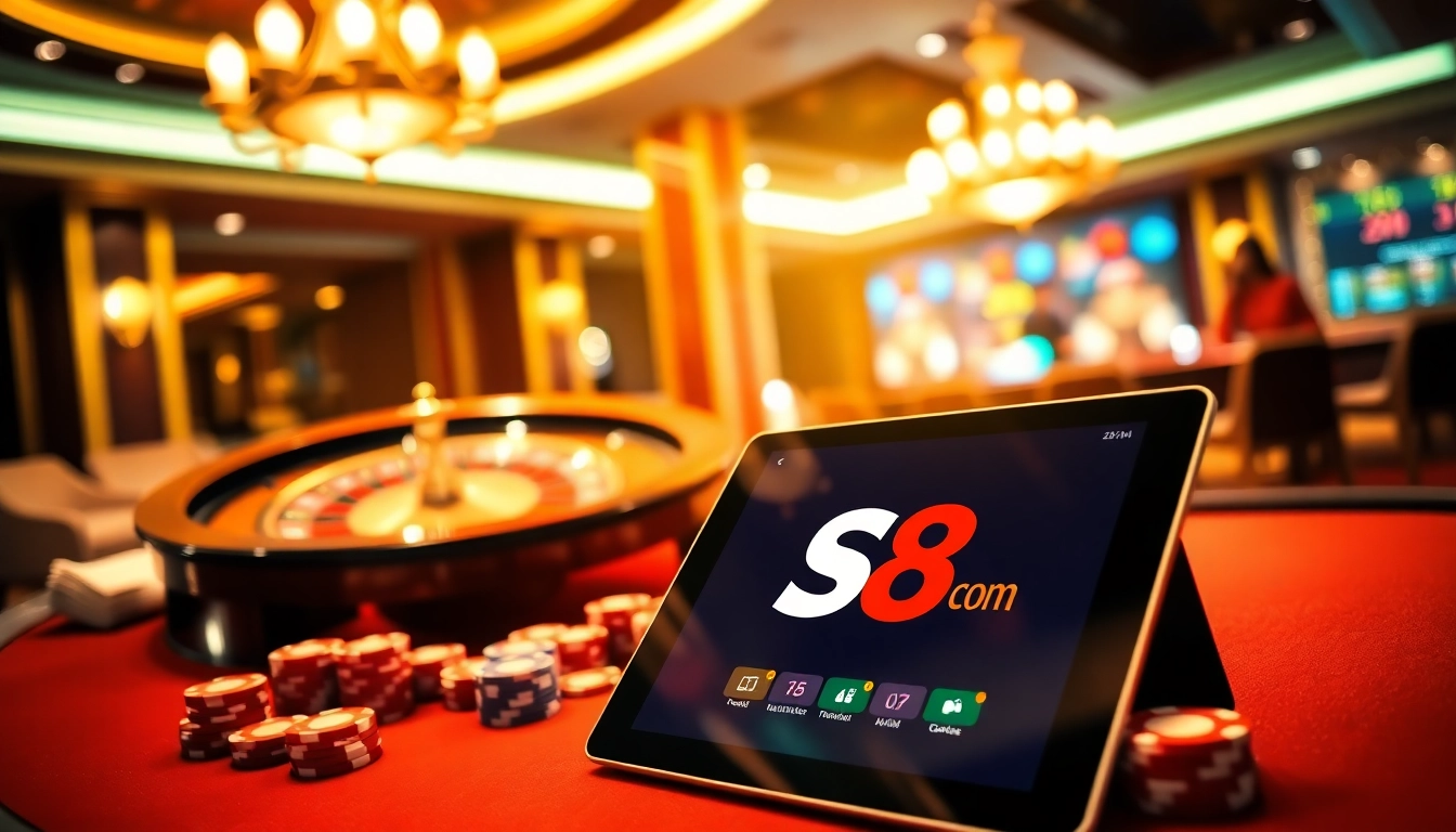 Experience thrilling bets with S8 com at a luxurious casino featuring poker tables and roulette wheels.